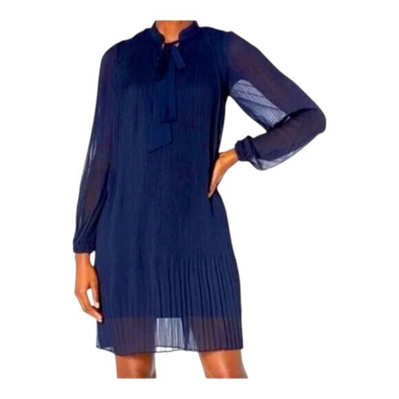 NWT! DKNY Long-Sleeve Tie-Neck Pleated Shift Dress Blue Georgette - 14W - Picture 1 of 13